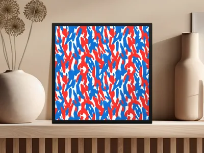 Red Blue and White Abstract Camouflage Pattern Art Print