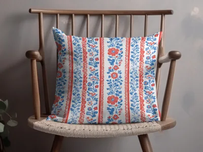 Floral Pattern Cushion Cover with Blue and Red Stripes Pillow