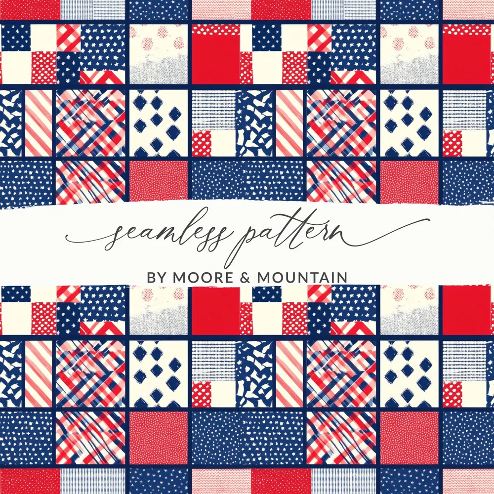Red Blue and White Patchwork Seamless Pattern Design