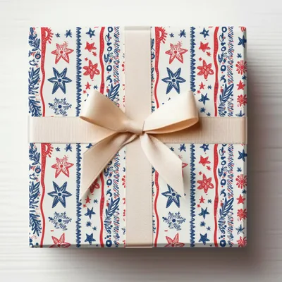 Festive Red and Blue Floral Gift Wrap with Ribbon
