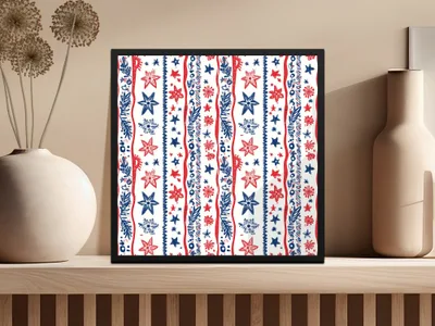 Red Blue and White Striped Floral Pattern Artwork Decor