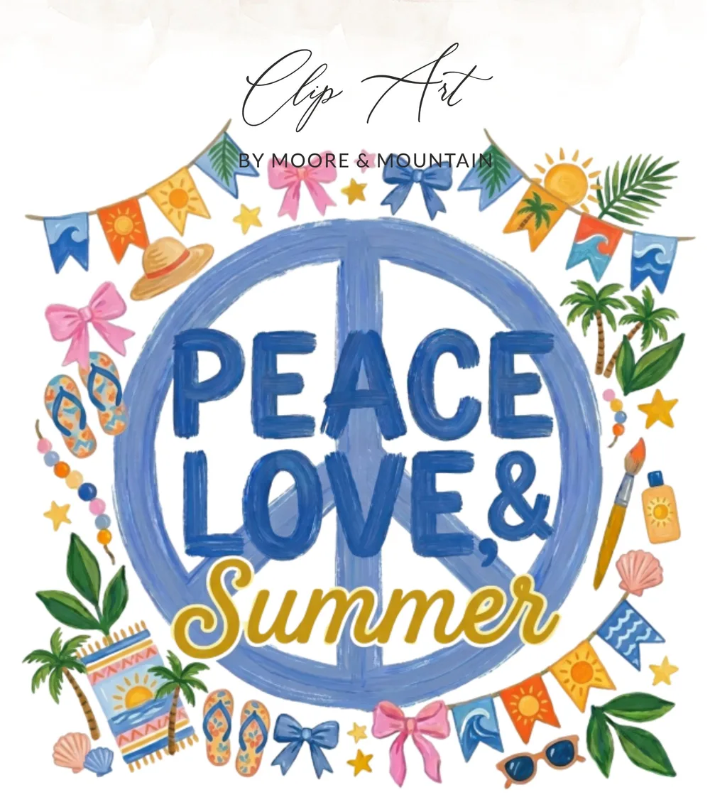 Peace Love Summer text with summer graphics and a peace sign.