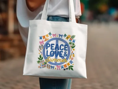 White tote bag with "Peace Love & Summer" graphic and summer icons.
