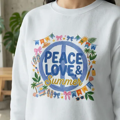White sweatshirt with "Peace Love & Summer" text, peace sign, and beach-themed illustrations.