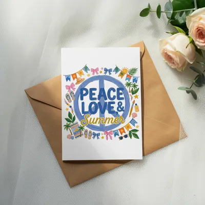 Greeting card with "Peace Love & Summer" text, surrounded by colorful summer icons.