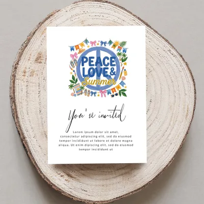 Peace, Love & Summer invitation with floral border, and placeholder text.