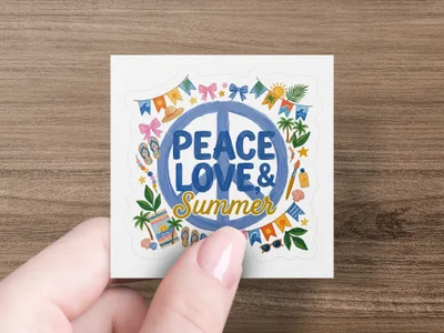 Peace Love Summer sticker with beach and party icons, held by a hand.