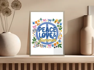Framed art with "Peace Love & Summer" and beach-themed graphics.