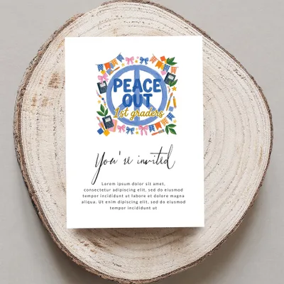 Invitation for "Peace Out 1st Graders" with floral and peace sign graphics.