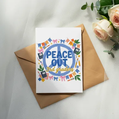 Card with "Peace Out 3rd Graders" text, school supplies, and decorative bunting.