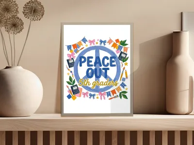 "Peace Out 5th Graders" sign with colorful bows and school supplies.