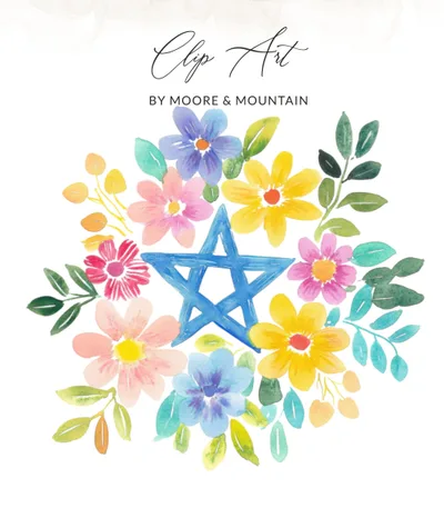 Pentagram Floral Wreath SVG, Preppy Clip Art, Mystical Witchy Floral PNG Digital Download, Watercolor Flowers Pagan Star Spiritual Boho
