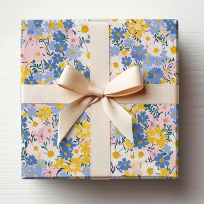 Floral Patterned Gift Box with Cream Ribbon Bow