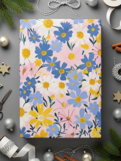 Floral Gift Wrap with Blue and Yellow Daisies