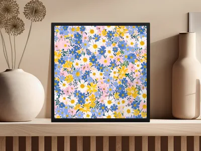 Floral Pattern Art Print with Blue Yellow Pink Flowers