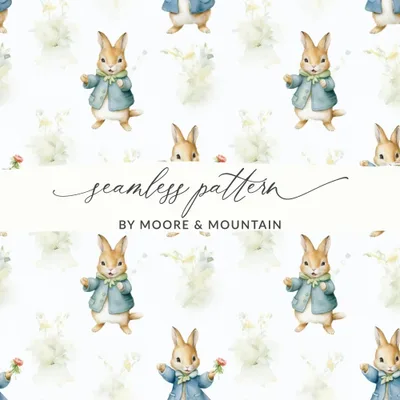 Peter Rabbit Digital, Floral Bunny Pattern, Watercolor Digital Paper, Seamless Fabric Pattern, Nursery Art Digital Download, Kids Room Decor