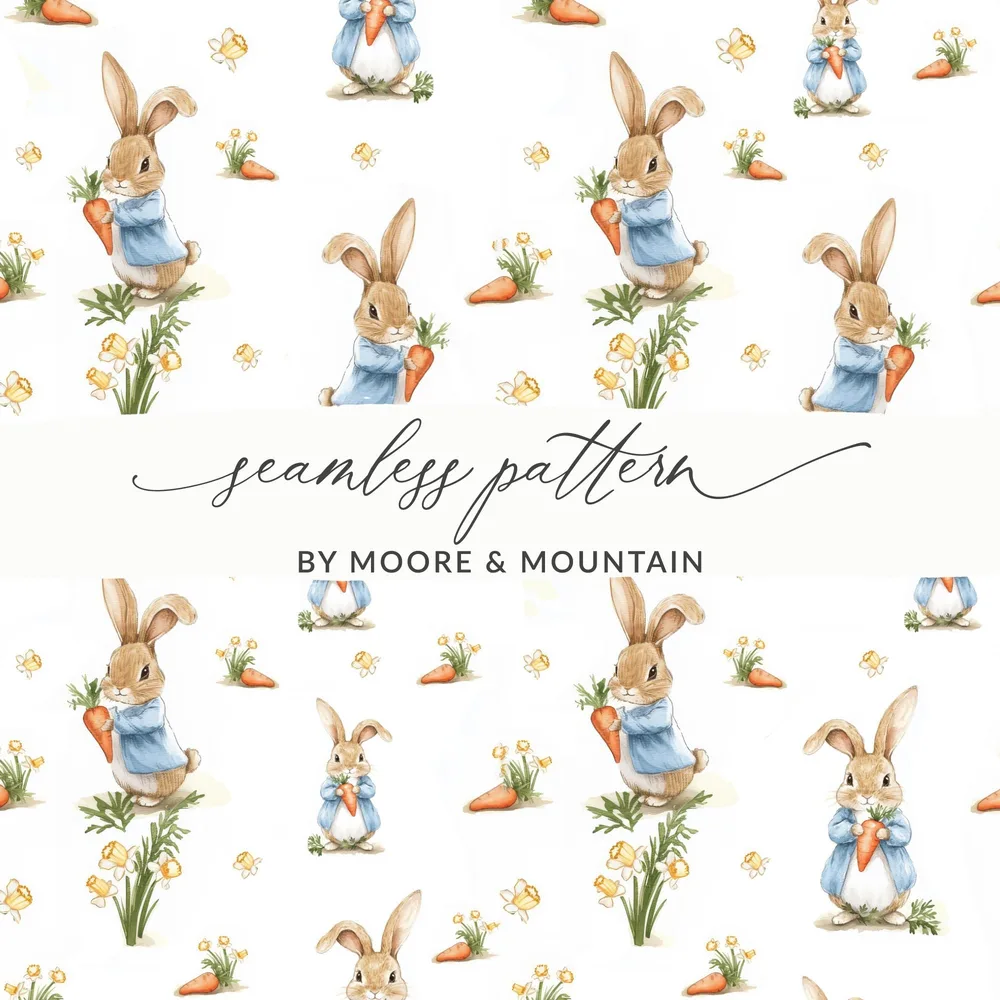 Peter Rabbit Digital Paper, Seamless Pattern, Easter Bunny Fabric, Floral Scrapbook Paper, Spring Animal Design, Digital Download - Moore and Mountain