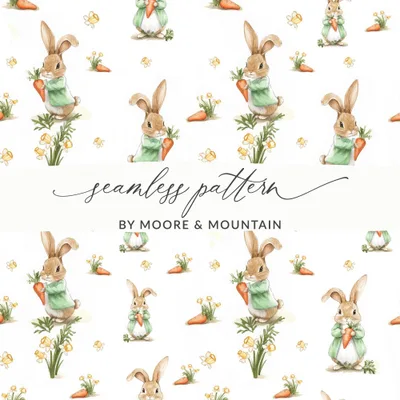 Peter Rabbit Digital Seamless Pattern, Bunny Carrot Flower Design, Kids Fabric Print, Digital Paper, Spring Easter Theme, 12x12 JPEG Digital