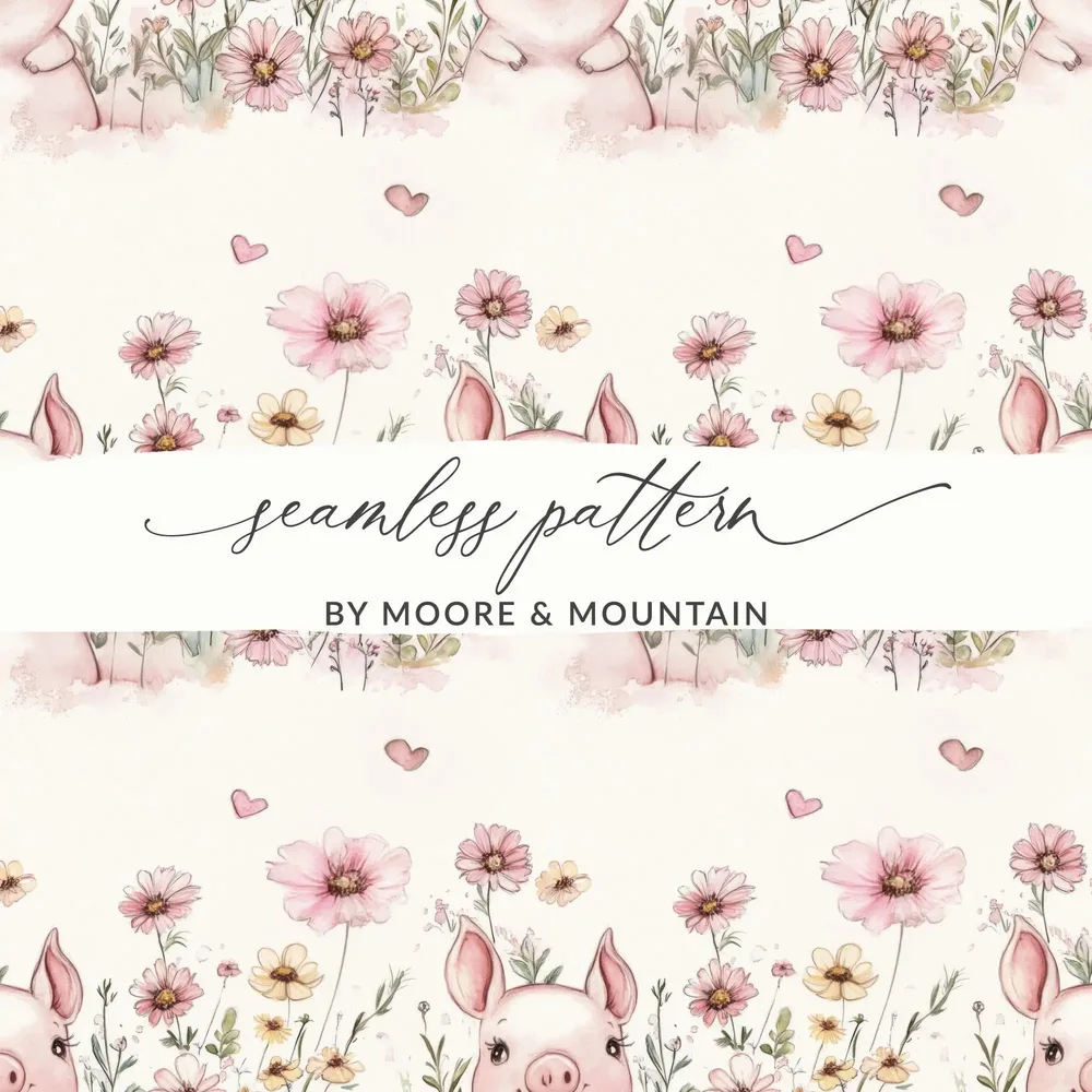 Pig Seamless Pattern, Watercolor Piglet Repeat Pattern, Floral Pig Digital Paper, Cute Animal Design, Pink Flower Pattern, Digital Download - Moore and Mountain