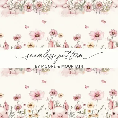 Pig Seamless Pattern, Watercolor Piglet Repeat Pattern, Floral Pig Digital Paper, Cute Animal Design, Pink Flower Pattern, Digital Download