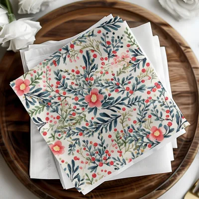 Beautiful Floral Design with Red Berries Paper Napkins