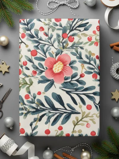 Floral and Berry Pattern Festive Wrapping Paper Sheet