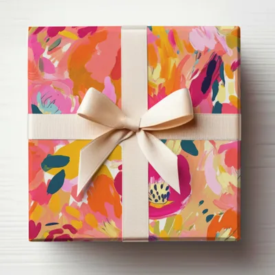 Vibrant Floral Gift Wrap with Cream Ribbon Package