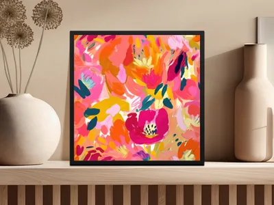 Vibrant Abstract Floral Painting Framed Art Home Decor