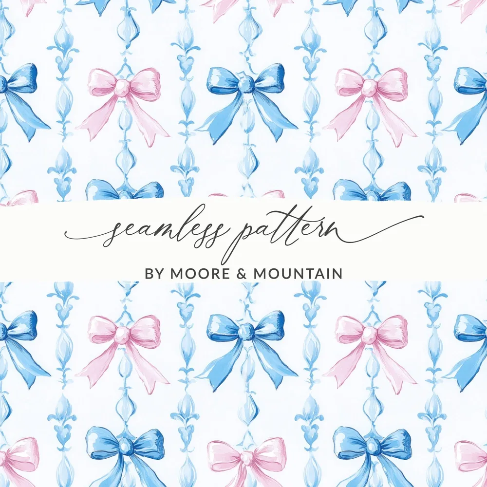 Pink and Blue Bows Digital Paper, Watercolor Seamless Pattern, Spring Background, Scrapbooking Paper, Baby Shower Invitation, Digital - Moore and Mountain