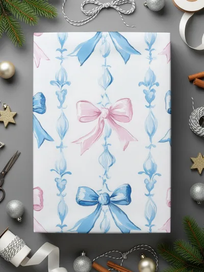 Pink and Blue Bows Digital Paper, Watercolor Seamless Pattern, Spring Background, Scrapbooking Paper, Baby Shower Invitation, Digital - Moore and Mountain