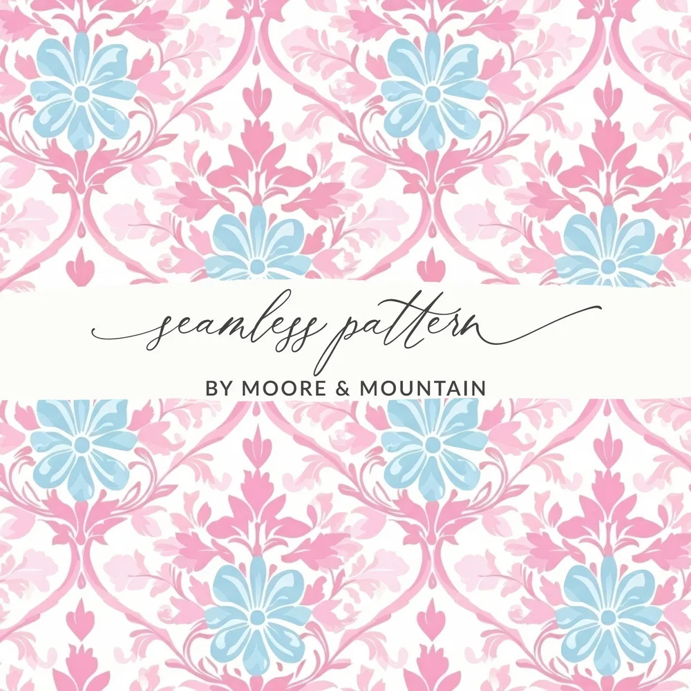 Seamless floral pattern with blue and pink flowers and text.