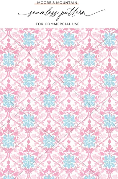 Pink and blue floral damask pattern with "Moore & Mountain" text.