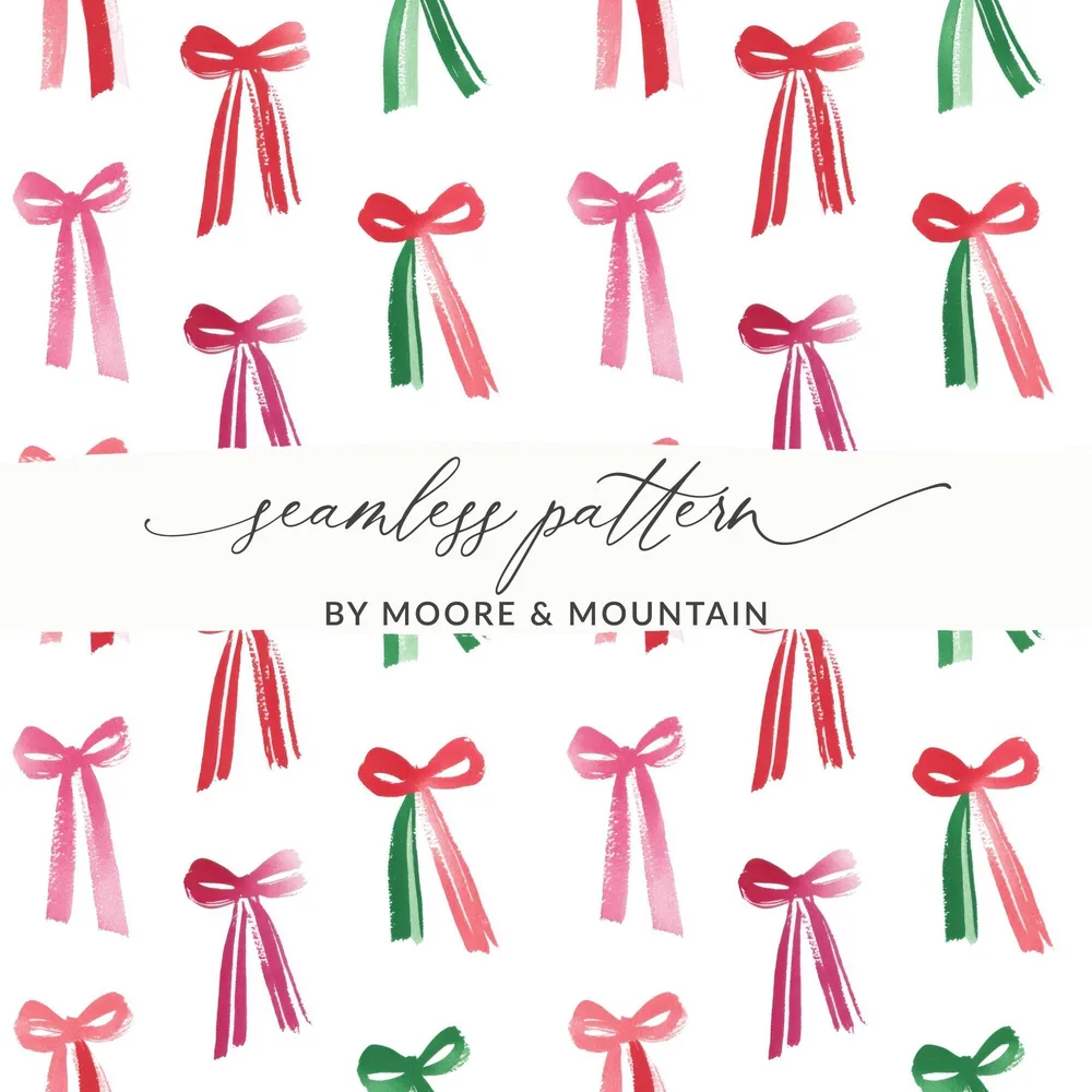 Pink and Green Christmas Watercolor Bows Pattern Festive Season Seamless Design Digital - Moore and Mountain