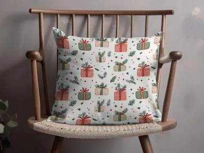 Festive Gifts and Pine Leaves Patterned Cushion Cover