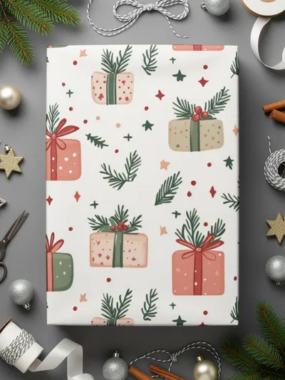 Festive Wrapped Holiday Gift with Evergreen Patterns