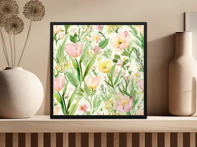 Pink and Yellow Tulip Watercolor Floral Digital Paper, Spring Flower Pattern, Seamless Repeat Pattern, Digital Fabric Design, Floral Print - Moore and Mountain