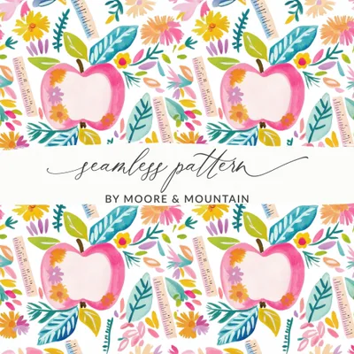 Pink Apple Ruler Watercolor Floral Seamless Pattern, Digital Paper, Back to School Design, Teacher Gift, Craft Sublimation File, Instant