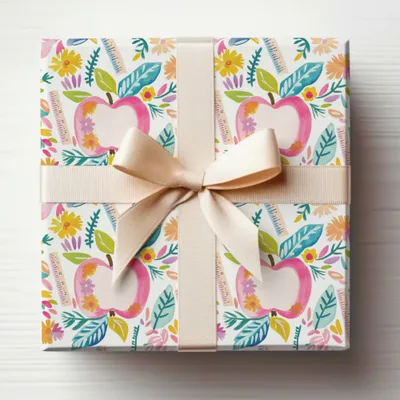 Floral Apples and Rulers Gift Wrap with Beige Ribbon