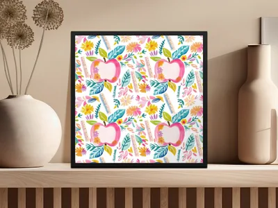 Colorful Apple and Floral Pattern Framed Art Decor
