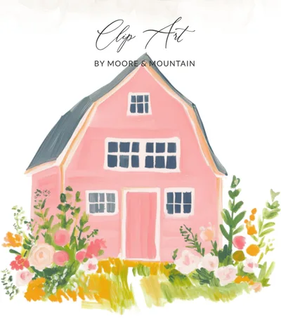 Pink Barn Digital Art Print, Cottagecore Floral Farmhouse Wall Decor, Whimsical Illustration, Instant Downloadable Art for Cozy Home