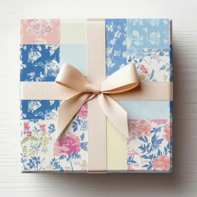 Floral Patchwork Design Gift Box with Beige Ribbon