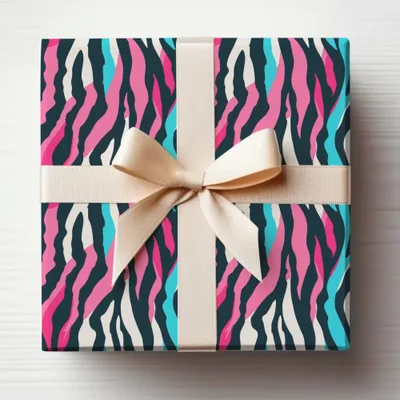 Vibrant Animal Print Gift Box with Beige Ribbon Design