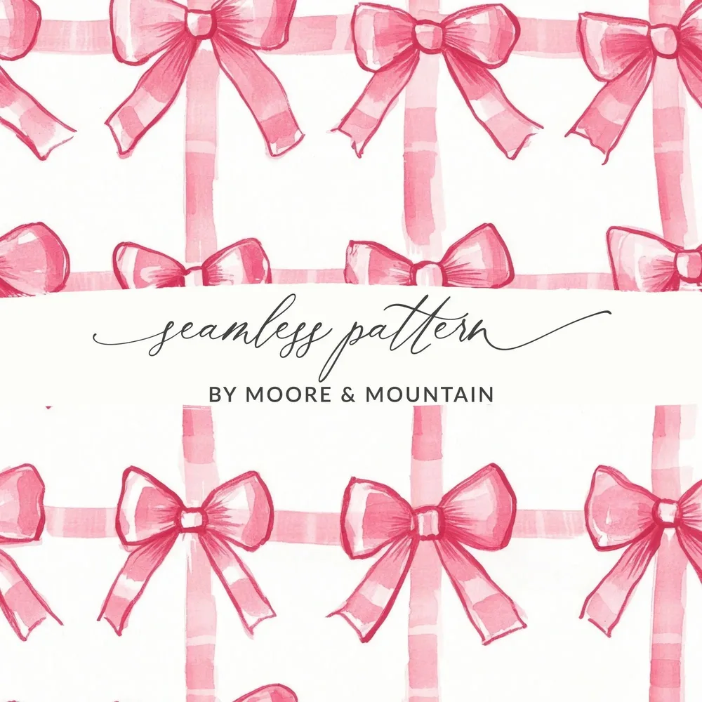 Pink Bow Seamless Pattern, Digital Paper, Plaid Bows, Gift Wrap Design, Scrapbooking, Fabric Design, Printable Digital Download - Moore and Mountain