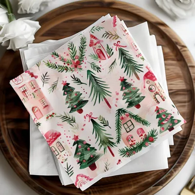 Pink Christmas Houses Digital Paper, Winter Holiday Pattern, Green Trees, Watercolor Seamless Design, Festive Scrapbook Paper, Digital - Moore and Mountain