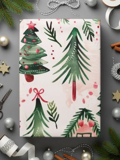 Pink Christmas Houses Digital Paper, Winter Holiday Pattern, Green Trees, Watercolor Seamless Design, Festive Scrapbook Paper, Digital - Moore and Mountain