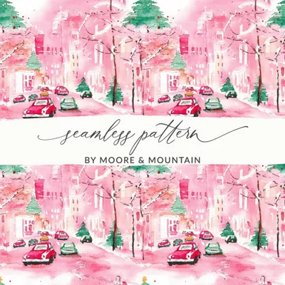 Pink Christmas Town Digital Paper, Watercolor Winter Cityscape Seamless Pattern, Holiday Cars, Festive Digital Download, Christmas Trees