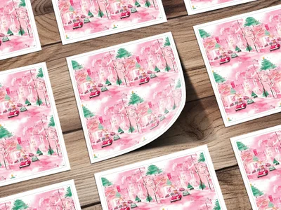 Pink Christmas Town Digital Paper, Watercolor Winter Cityscape Seamless Pattern, Holiday Cars, Festive Digital Download, Christmas Trees - Moore and Mountain