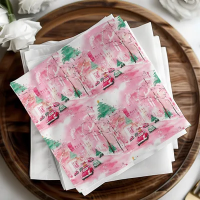 Pink Christmas Town Digital Paper, Watercolor Winter Cityscape Seamless Pattern, Holiday Cars, Festive Digital Download, Christmas Trees - Moore and Mountain