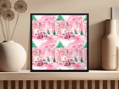 Pink Christmas Town Digital Paper, Watercolor Winter Cityscape Seamless Pattern, Holiday Cars, Festive Digital Download, Christmas Trees - Moore and Mountain