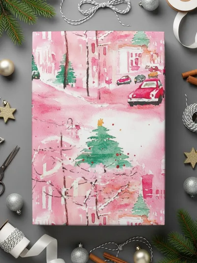Pink Christmas Town Digital Paper, Watercolor Winter Cityscape Seamless Pattern, Holiday Cars, Festive Digital Download, Christmas Trees - Moore and Mountain